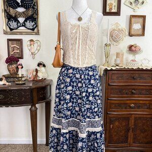 vintage dainty prairie floral patchwork midi skirt w lace details